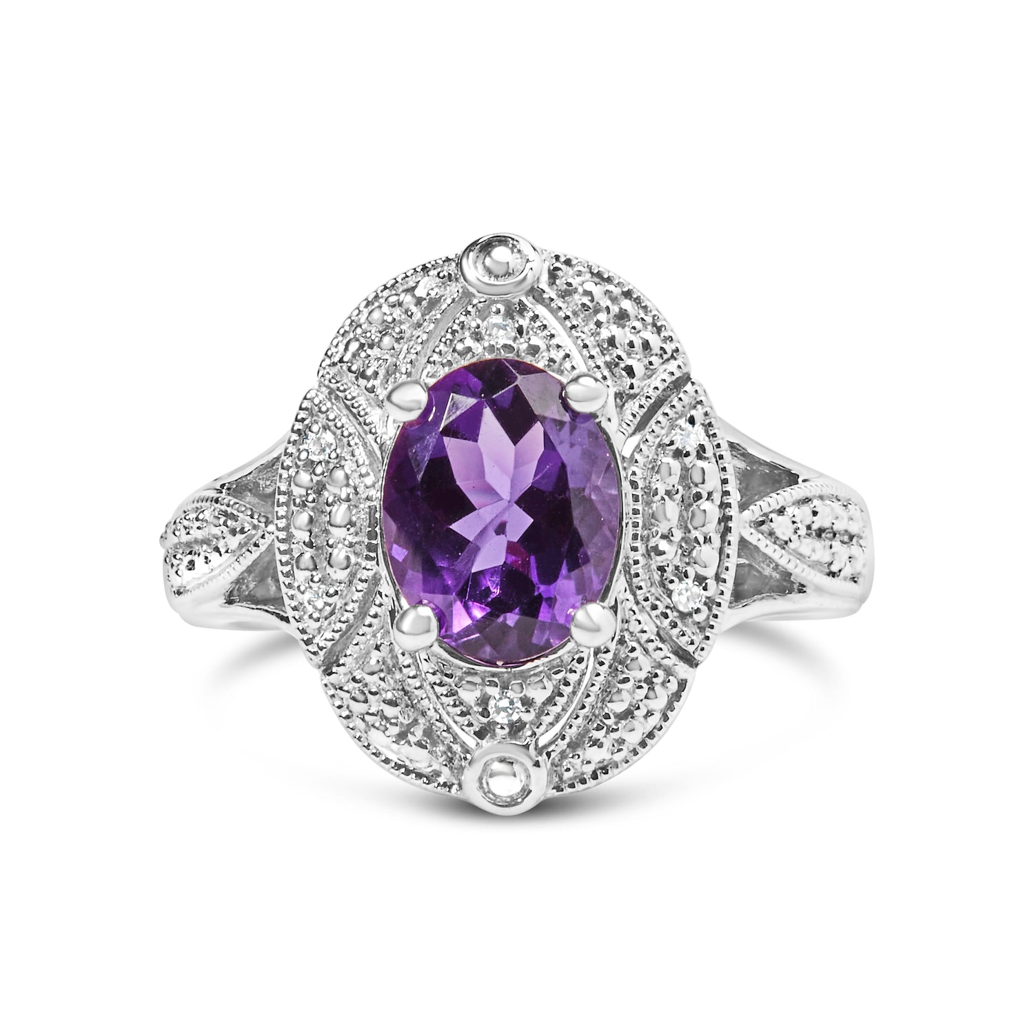 .925 Sterling Silver 9x7mm Oval Purple Amethyst and Diamond Accent Art Deco Style Cocktail Ring (I-J Color, I1-I2 Clarity) - Size 6 by Bids.com