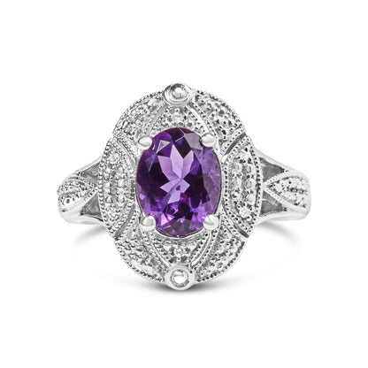 .925 Sterling Silver 9x7mm Oval Purple Amethyst and Diamond Accent Art Deco Style Cocktail Ring (I-J Color, I1-I2 Clarity) - Size 6 by Bids.com