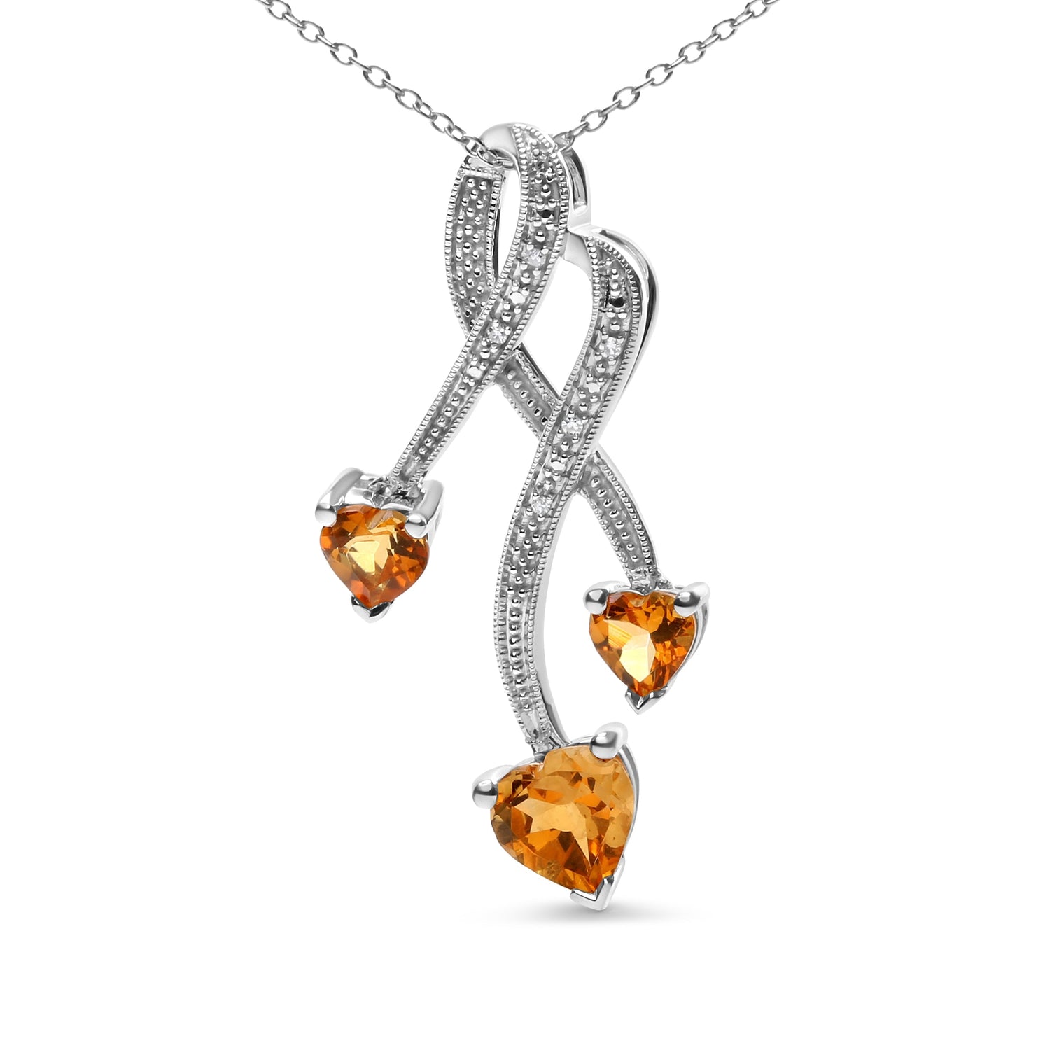 .925 Sterling Silver 3-Stone Heart Shape Citrine and Diamond Accent Spiral Drop 18" Pendant Necklace (H-I Color, SI1-SI2 Clarity)  DestGlow