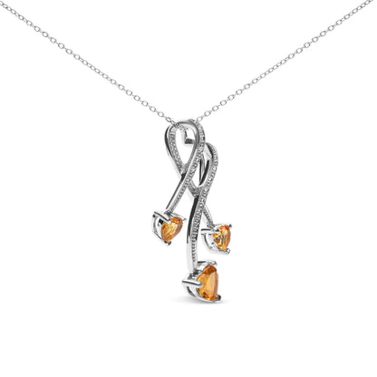 .925 Sterling Silver 3-Stone Heart Shape Citrine and Diamond Accent Spiral Drop 18" Pendant Necklace (H-I Color, SI1-SI2 Clarity)  DestGlow