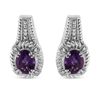 .925 Sterling Silver 8x6 MM Natural Oval Purple Amethyst Gemstone and Diamond Accent Art Deco Style Drop and Dangle Earrings (I-J Color, I1-I2 Clarity) by Bids.com