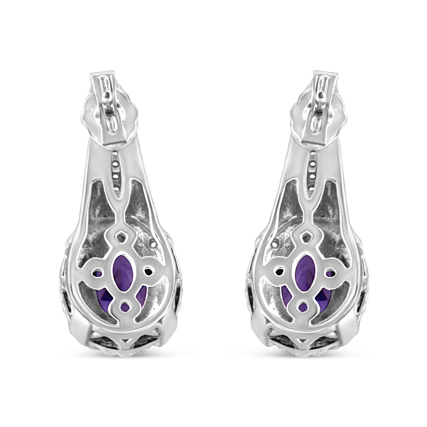 .925 Sterling Silver 8x6 MM Natural Oval Purple Amethyst Gemstone and Diamond Accent Art Deco Style Drop and Dangle Earrings (I-J Color, I1-I2 Clarity) by Bids.com