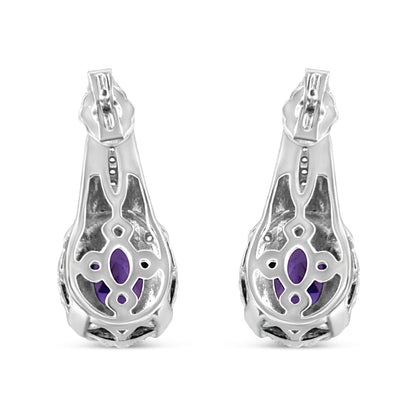 .925 Sterling Silver 8x6 MM Natural Oval Purple Amethyst Gemstone and Diamond Accent Art Deco Style Drop and Dangle Earrings (I-J Color, I1-I2 Clarity) by Bids.com