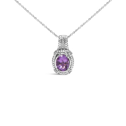 .925 Sterling Silver 9x7mm Oval Purple Amethyst and Round Diamond Accent Fashion Drop Pendant 18 Inch Necklace (I-J Color, I1-I2 Clarity) by Bids.com