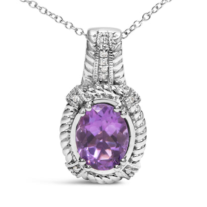 .925 Sterling Silver 9x7mm Oval Purple Amethyst and Round Diamond Accent Fashion Drop Pendant 18 Inch Necklace (I-J Color, I1-I2 Clarity) by Bids.com