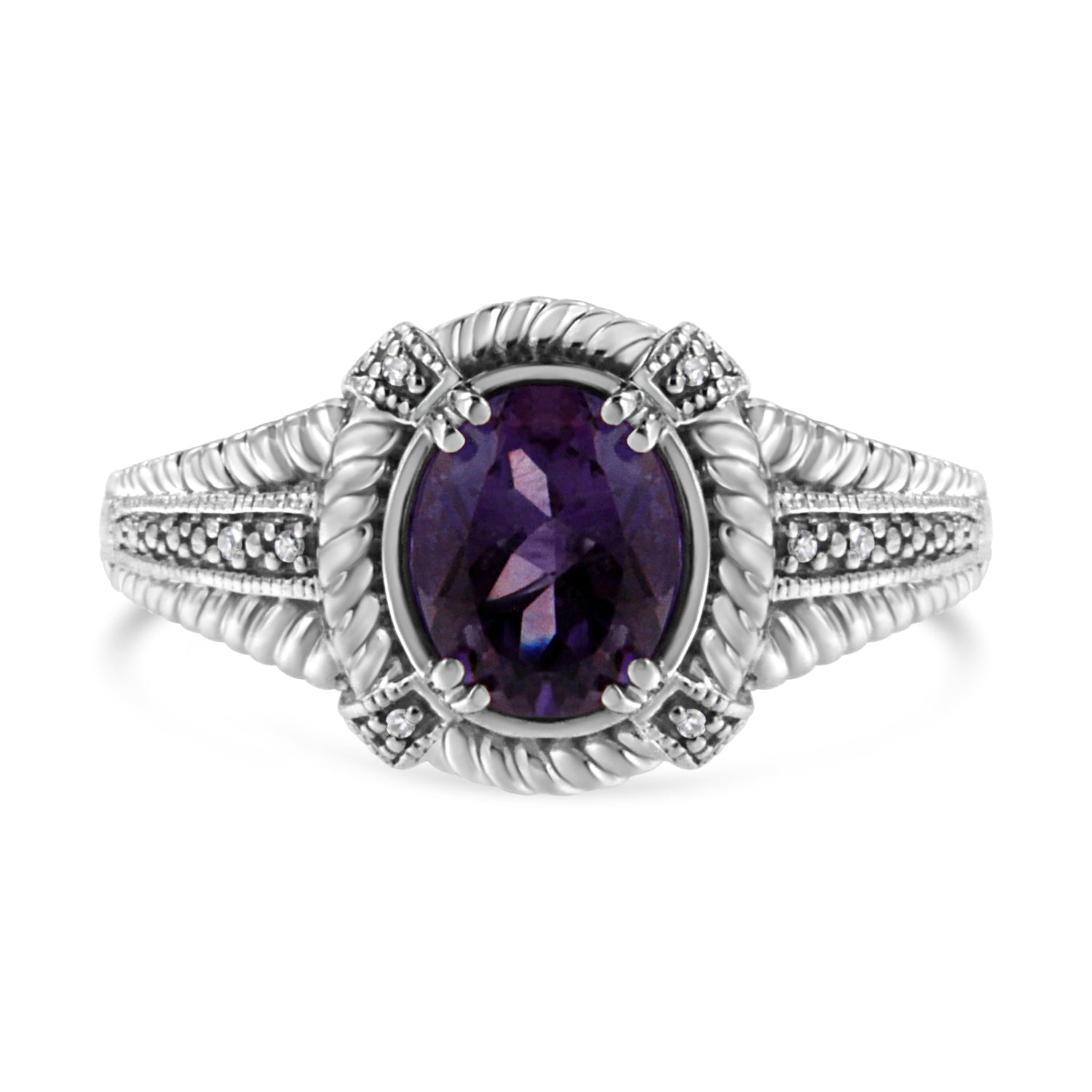 .925 Sterling Silver Prong Set Natural Oval Shape 9X7 MM Purple Amethyst Solitaire and Diamond Accent Ring (I-J Color, I1-I2 Clarity) - Ring Size 7 by Bids.com