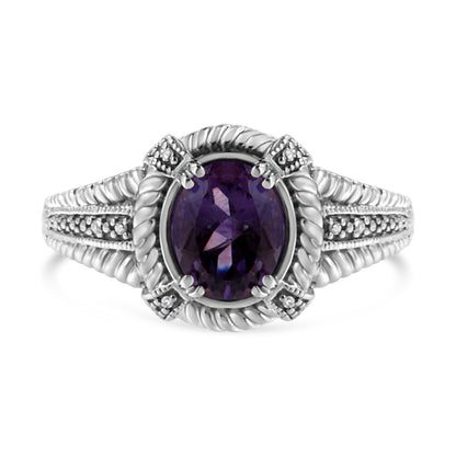 .925 Sterling Silver Prong Set Natural Oval Shape 9X7 MM Purple Amethyst Solitaire and Diamond Accent Ring (I-J Color, I1-I2 Clarity) - Ring Size 7 by Bids.com