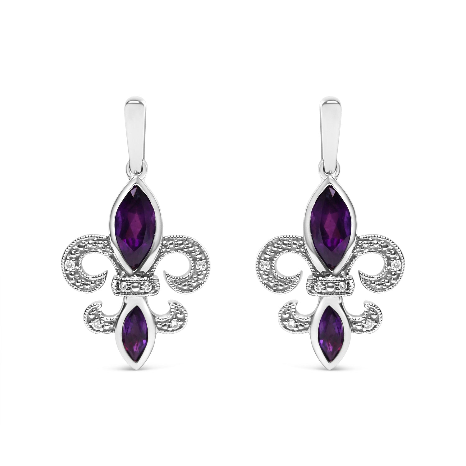 .925 Sterling Silver Marquise Cut Amethyst and Diamond Accent Fleur De Lis Dangle Stud Earrings (H-I Color, SI1-SI2 Clarity)  DestGlow