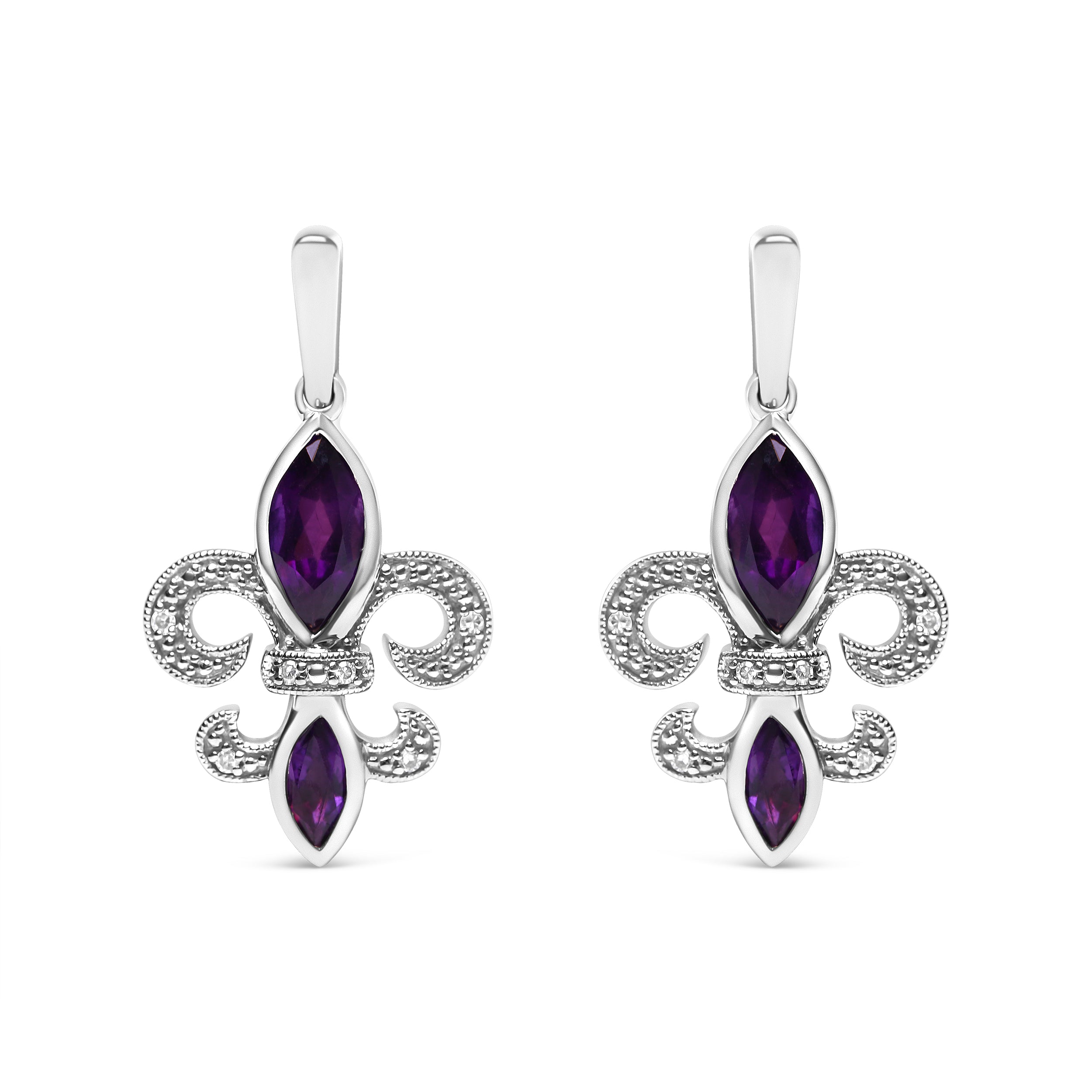 .925 Sterling Silver Marquise Cut Amethyst and Diamond Accent Fleur De Lis Dangle Stud Earrings (H-I Color, SI1-SI2 Clarity)  DestGlow