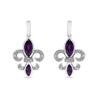 .925 Sterling Silver Marquise Cut Amethyst and Diamond Accent Fleur De Lis Dangle Stud Earrings (H-I Color, SI1-SI2 Clarity)  DestGlow