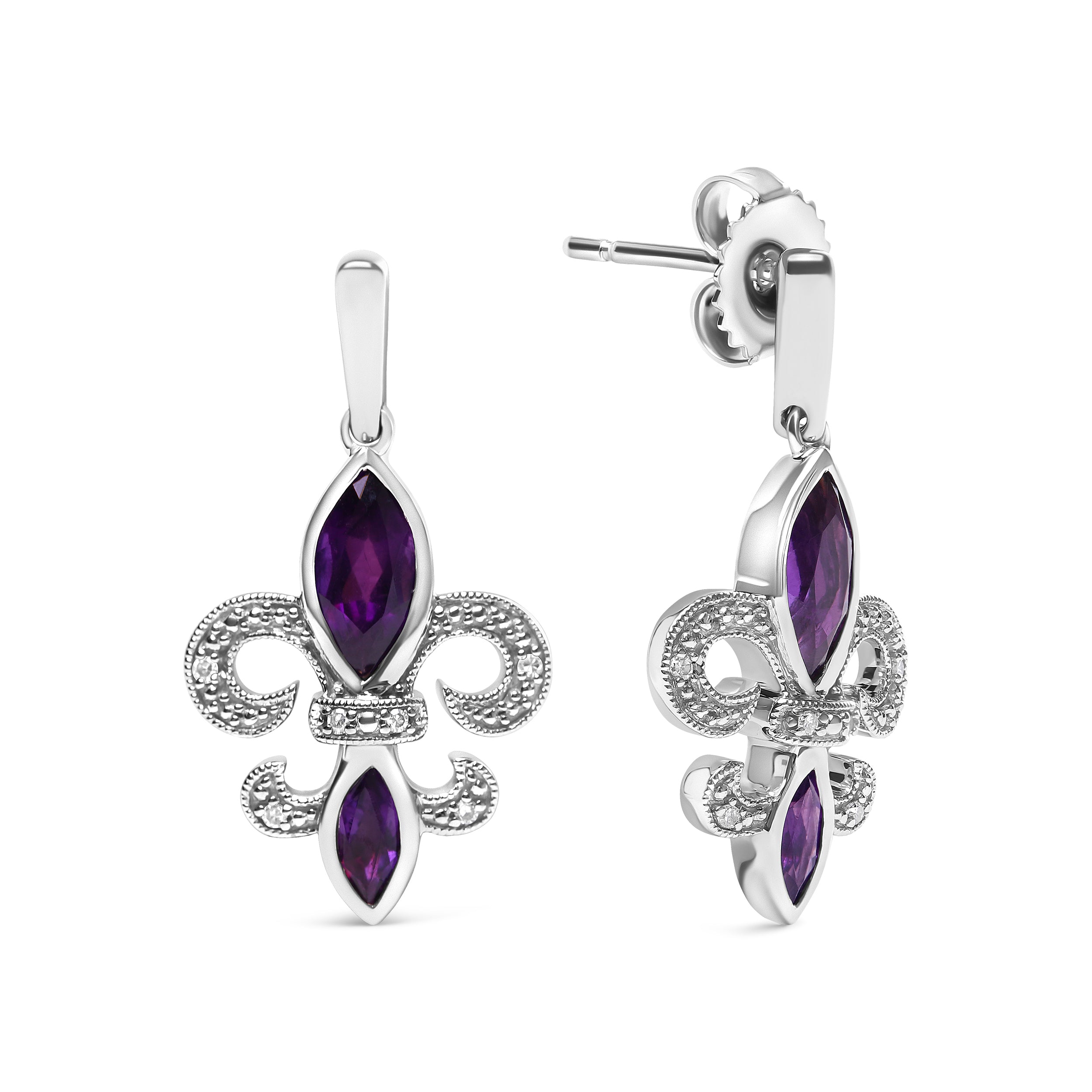 .925 Sterling Silver Marquise Cut Amethyst and Diamond Accent Fleur De Lis Dangle Stud Earrings (H-I Color, SI1-SI2 Clarity)  DestGlow