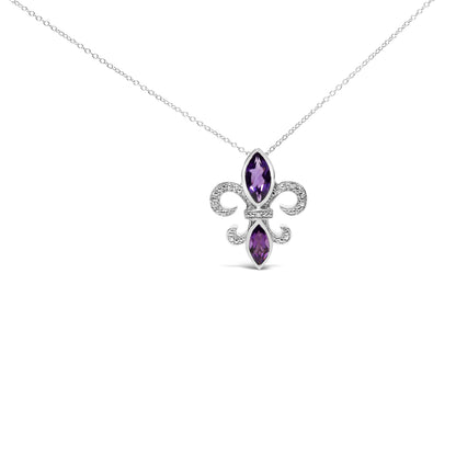 .925 Sterling Silver Purple Amethyst Marquise and Diamond Accent Fleur De Lis Pendant Necklace (H-I Color, SI1-SI2 Clarity) - Size 18" by Bids.com