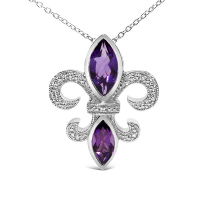 .925 Sterling Silver Purple Amethyst Marquise and Diamond Accent Fleur De Lis Pendant Necklace (H-I Color, SI1-SI2 Clarity) - Size 18" by Bids.com