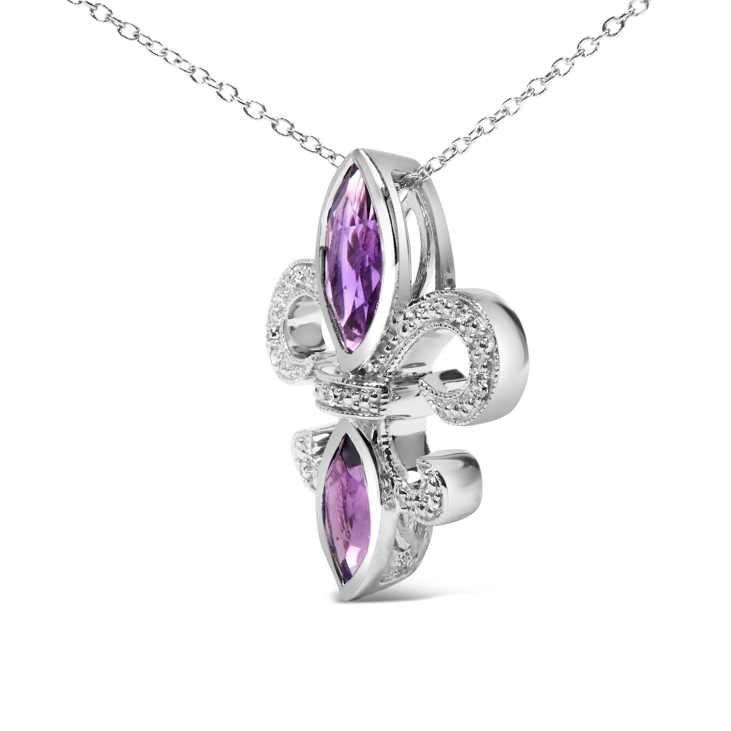 .925 Sterling Silver Purple Amethyst Marquise and Diamond Accent Fleur De Lis Pendant Necklace (H-I Color, SI1-SI2 Clarity) - Size 18" by Bids.com