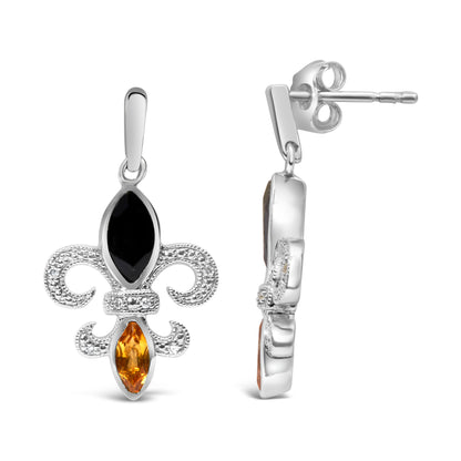 .925 Sterling Silver Marquise Cut Onyx and Citrine with Diamond Accent Fleur De Lis Drop Stud Earrings (H-I Color, SI1-SI2 Clarity) by Bids.com