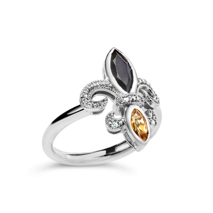 .925 Sterling Silver Black Onyx and Yellow Citrine Marquise and Diamond Accent Fleur De Lis Ring (H-I Color, SI1-SI2 Clarity) - Size 7  DestGlow