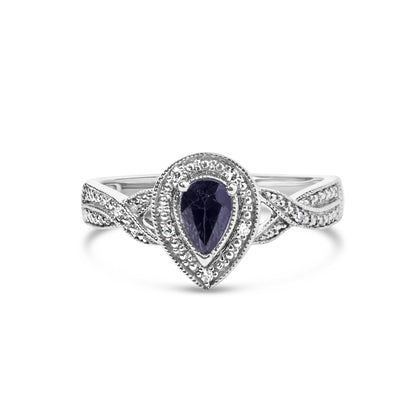 .925 Sterling Silver 6x4mm Pear Sapphire Gemstone with Diamond Accent Fashion Halo Ring (H-I Color, SI1-SI2 Clarity) - Size 7.5 by Bids.com