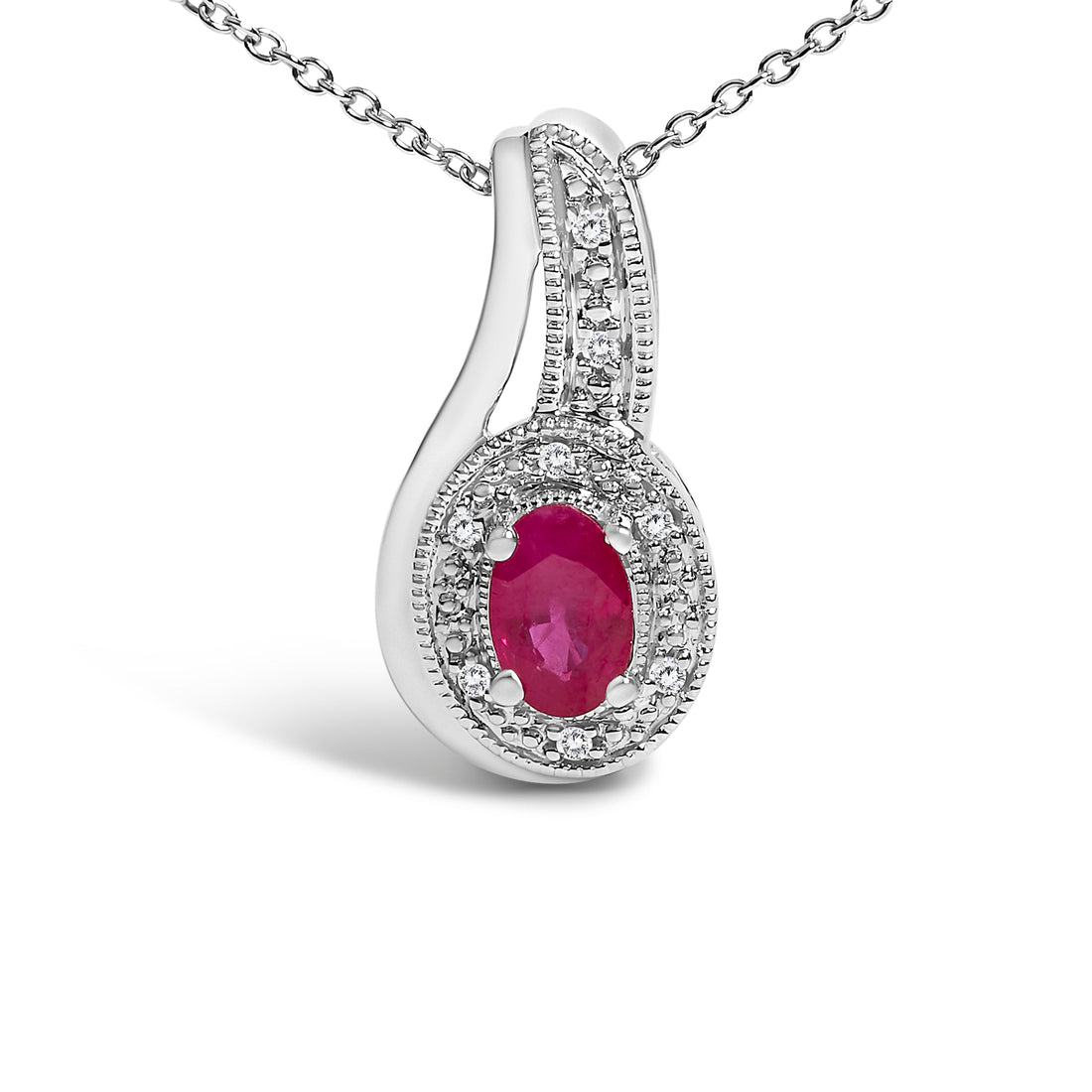 .925 Sterling Silver Red Ruby and Diamond Accent Milgrain Swirl Pendant Necklace - 18" Inches by Bids.com