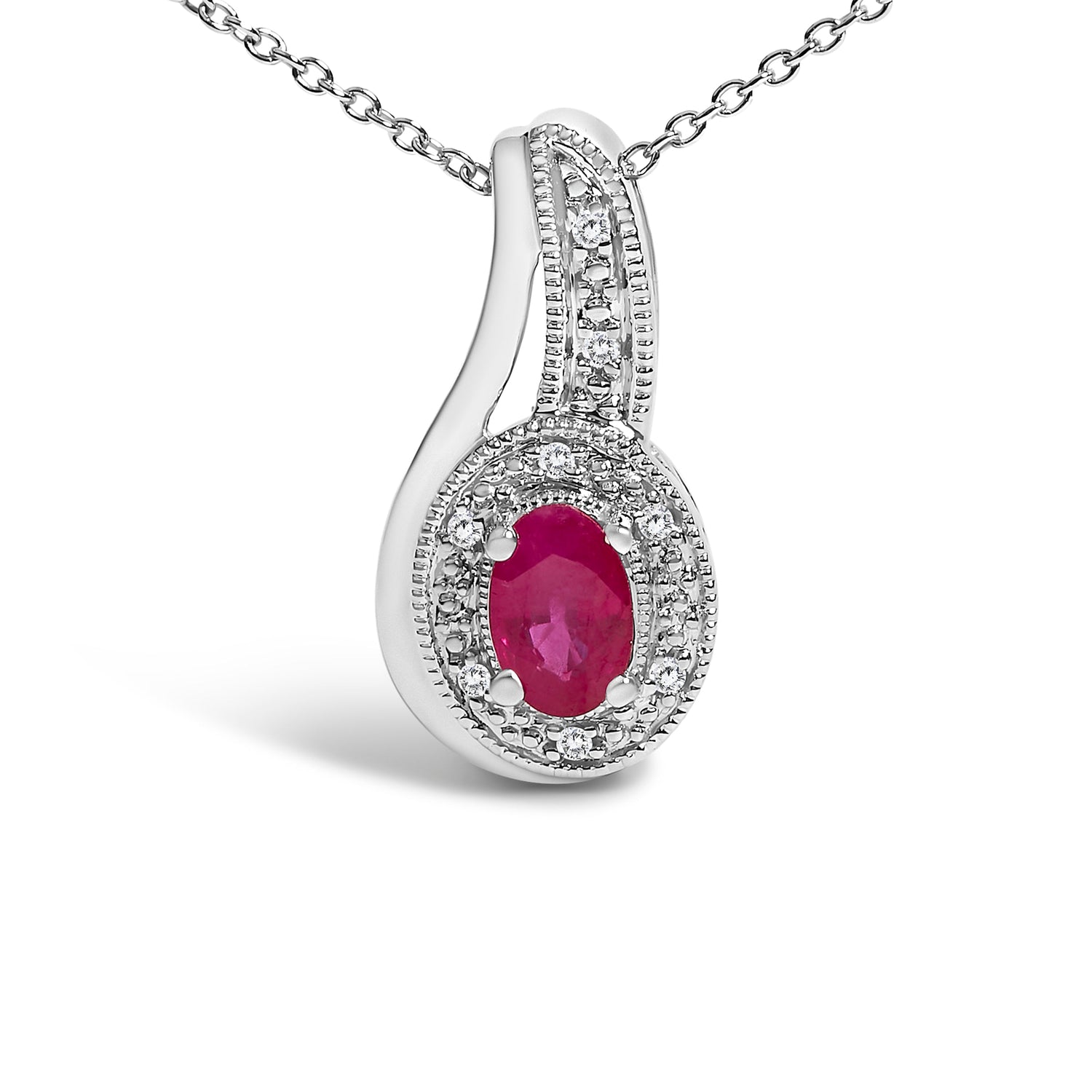 .925 Sterling Silver Red Ruby and Diamond Accent Milgrain Swirl Pendant Necklace - 18" Inches by Bids.com
