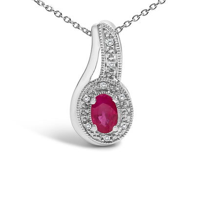 .925 Sterling Silver Red Ruby and Diamond Accent Milgrain Swirl Pendant Necklace - 18" Inches by Bids.com