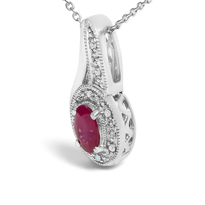 .925 Sterling Silver Red Ruby and Diamond Accent Milgrain Swirl Pendant Necklace - 18" Inches by Bids.com