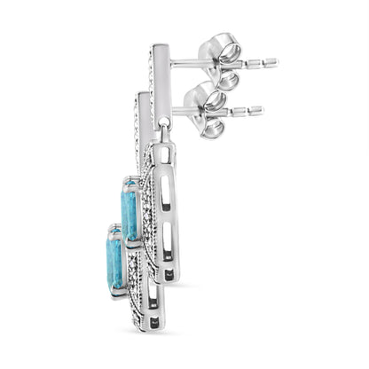 .925 Sterling Silver 7x5MM Emerald Shape Blue Topaz and Diamond Accent Art Deco Halo Style Drop and Dangle Earrings (I-J Color, I1-I2 Clarity) by Bids.com