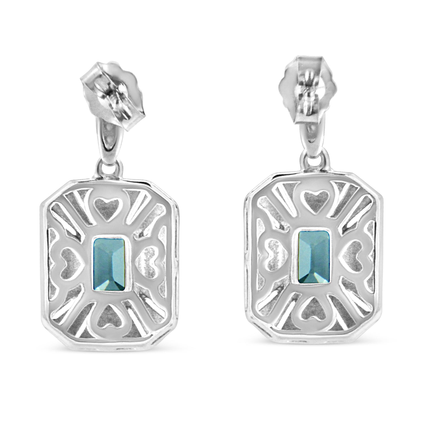 .925 Sterling Silver 7x5MM Emerald Shape Blue Topaz and Diamond Accent Art Deco Halo Style Drop and Dangle Earrings (I-J Color, I1-I2 Clarity) by Bids.com