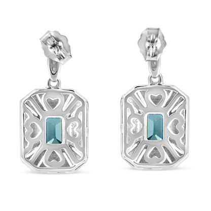 .925 Sterling Silver 7x5MM Emerald Shape Blue Topaz and Diamond Accent Art Deco Halo Style Drop and Dangle Earrings (I-J Color, I1-I2 Clarity) by Bids.com