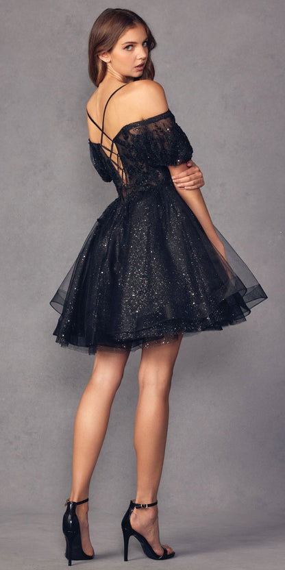 Juliet 886 Short Removable Off Shoulder Puff Sleeves A-Line Tulle Dress by DiscountDressShop
