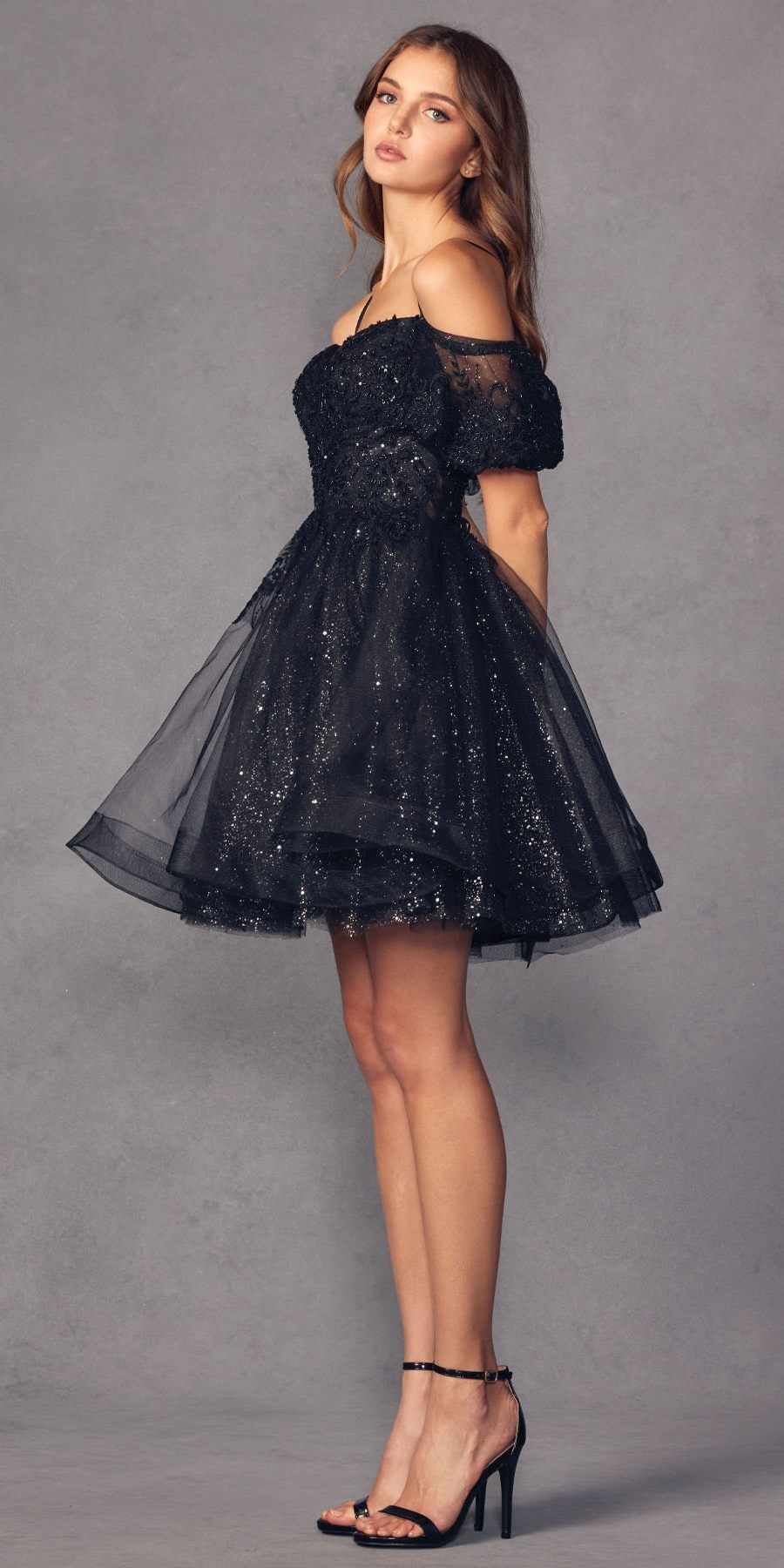 Juliet 886 Short Removable Off Shoulder Puff Sleeves A-Line Tulle Dress by DiscountDressShop