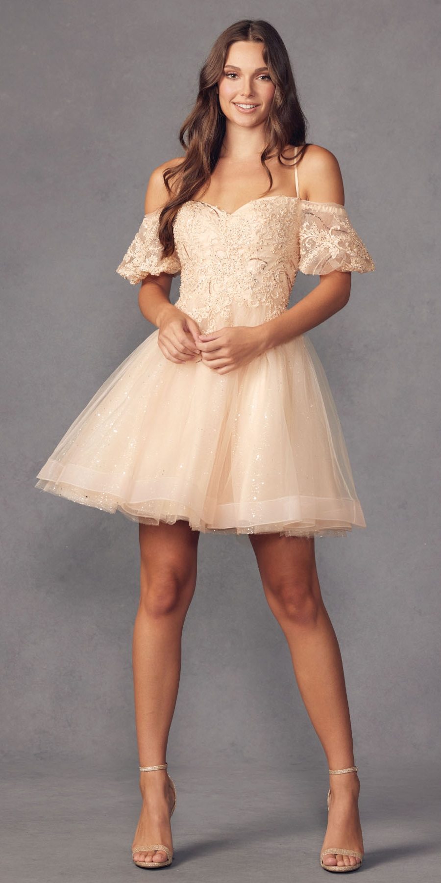 Juliet 886 Short Removable Off Shoulder Puff Sleeves A-Line Tulle Dress by DiscountDressShop
