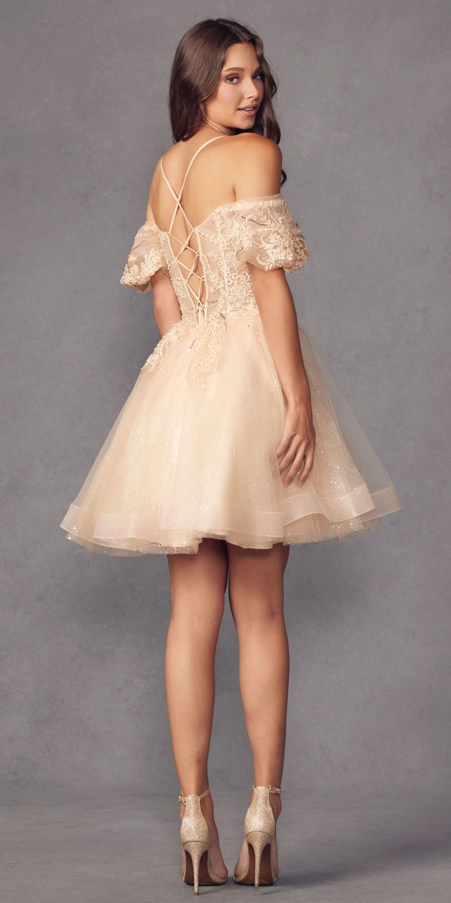 Juliet 886 Short Removable Off Shoulder Puff Sleeves A-Line Tulle Dress by DiscountDressShop