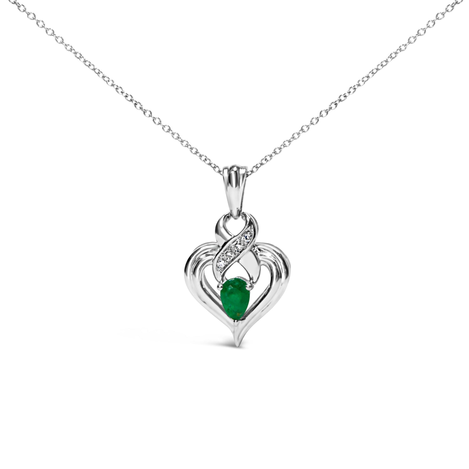 .925 Sterling Silver 6x4mm Pear Emerald and Diamond Accent Heart Pendant Necklace (H-I Color, SI1-SI2 Clarity) - 18 Inches by Bids.com