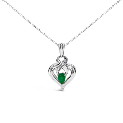.925 Sterling Silver 6x4mm Pear Emerald and Diamond Accent Heart Pendant Necklace (H-I Color, SI1-SI2 Clarity) - 18 Inches by Bids.com