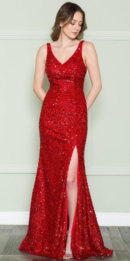 CLEARANCE - Poly USA | Ed Young 8872 V-Neck Floor Length Open Slit Sequin Dress (Size S) by DiscountDressShop