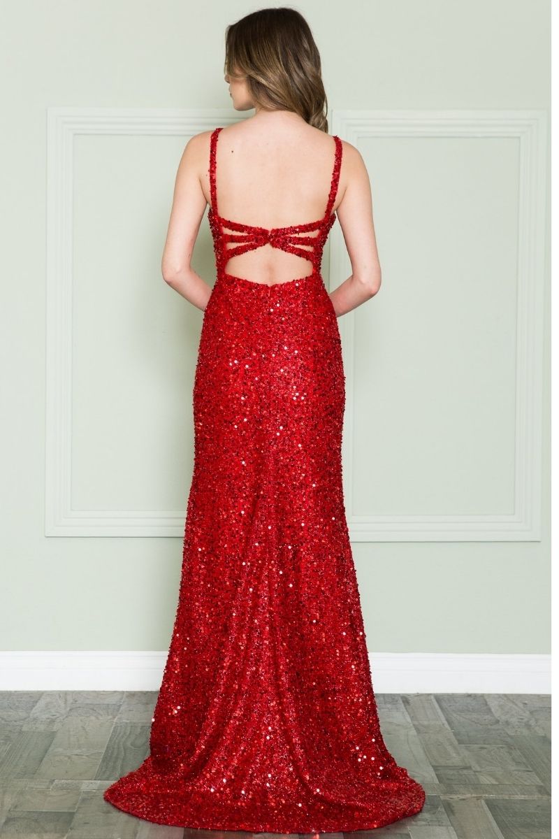 CLEARANCE - Poly USA | Ed Young 8872 V-Neck Floor Length Open Slit Sequin Dress (Size S) by DiscountDressShop