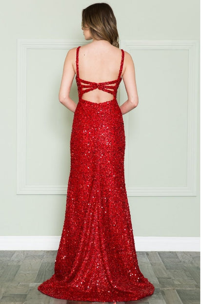 CLEARANCE - Poly USA | Ed Young 8872 V-Neck Floor Length Open Slit Sequin Dress (Size S) by DiscountDressShop