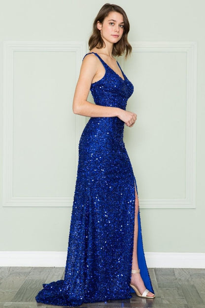 CLEARANCE - Poly USA | Ed Young 8872 V-Neck Floor Length Open Slit Sequin Dress (Size S) by DiscountDressShop