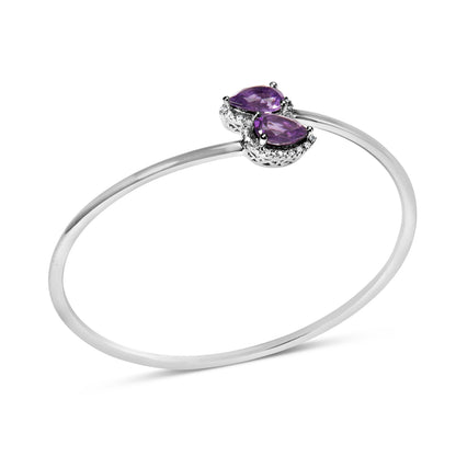 .925 Sterling Silver 8 x 5.5mm Pear Shape Amethyst and Diamond Accent Halo Bypass Bangle Bracelet (H-I Color, SI1-SI2 Clarity) - Fits up to 7" Inches by Bids.com