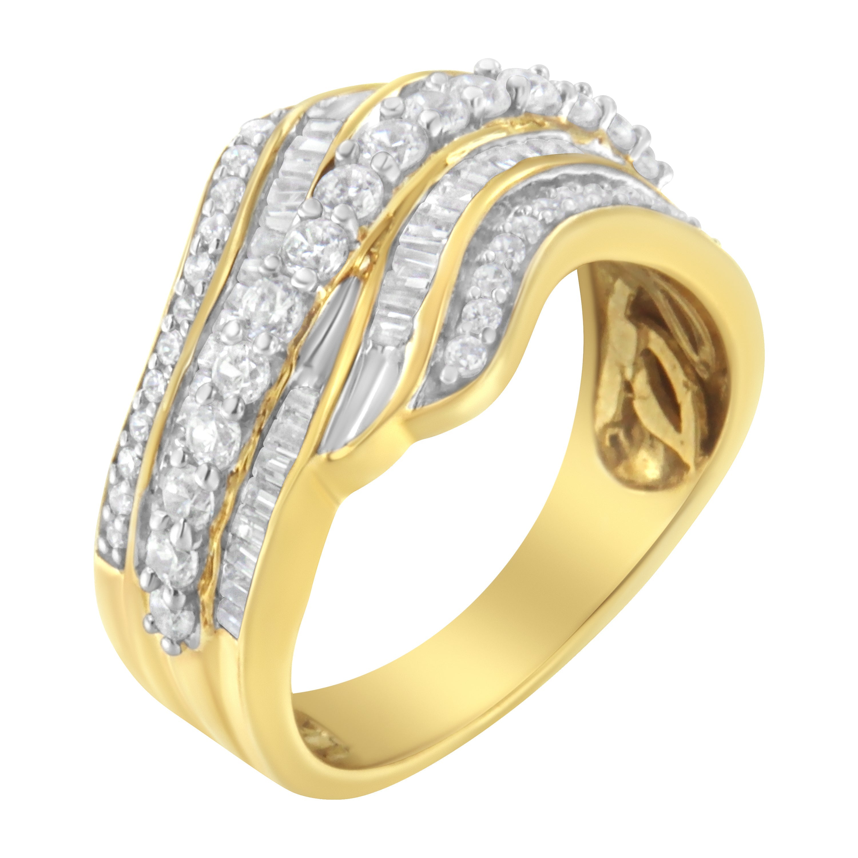 10K Yellow Gold 1.0 Cttw Baguette and Round Diamond Multi-Row Wave Bypass Ring (I-J Color, I1-I2 Clarity) - Ring Size 7 by Bids.com