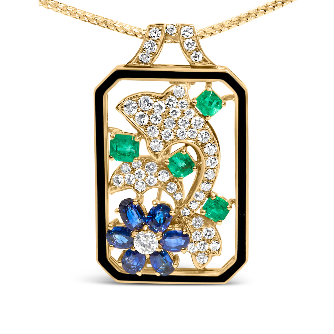 18K Yellow Gold 2 1/3 Cttw Diamond, Sapphire, and Emerald Dog Tag with Dolphin Silhouette Convertible 18" Pendant Necklace and Brooch (G-H Color, SI1-SI2 Clarity) by Bids.com