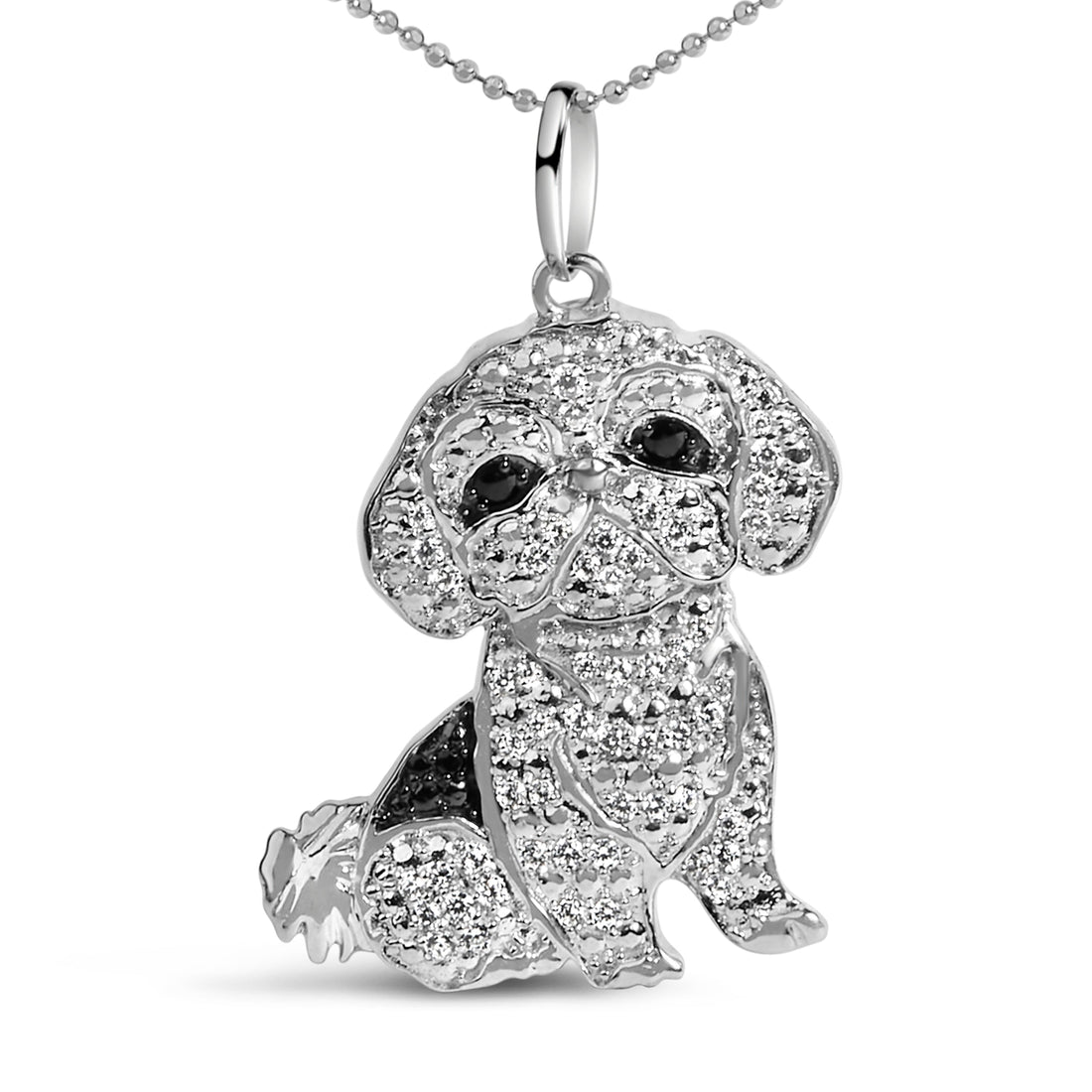 .925 Sterling Silver 1/2 Cttw White and Black Diamond Shih Tzu Dog 18" Pendant Necklace (I-J Color, I2-I3 Clarity) by Bids.com