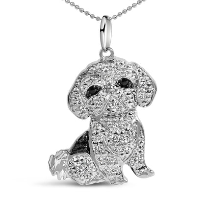 .925 Sterling Silver 1/2 Cttw White and Black Diamond Shih Tzu Dog 18" Pendant Necklace (I-J Color, I2-I3 Clarity) by Bids.com