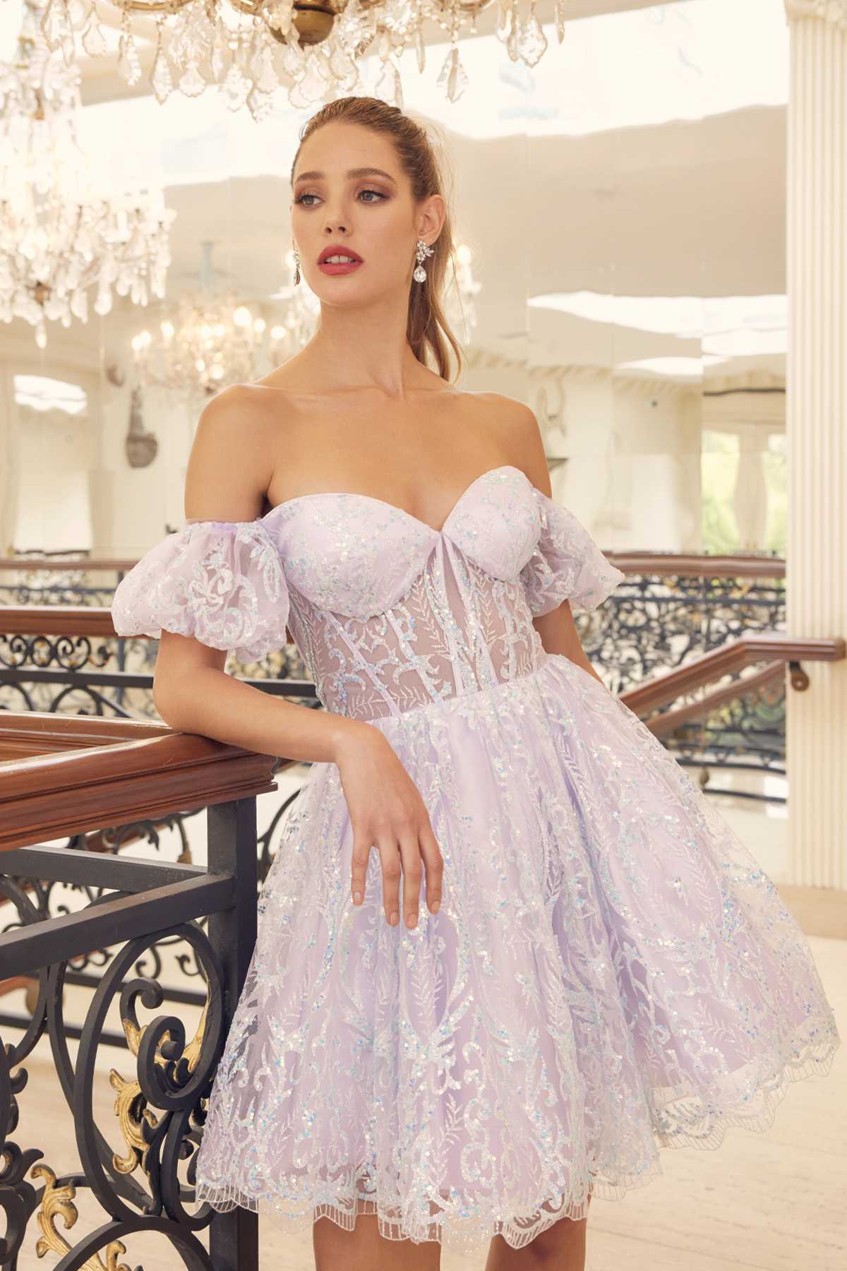 Juliet 891 dress Short Off Shoulder Puff Sleeve Corset Bodice A-Line Dress by DiscountDressShop