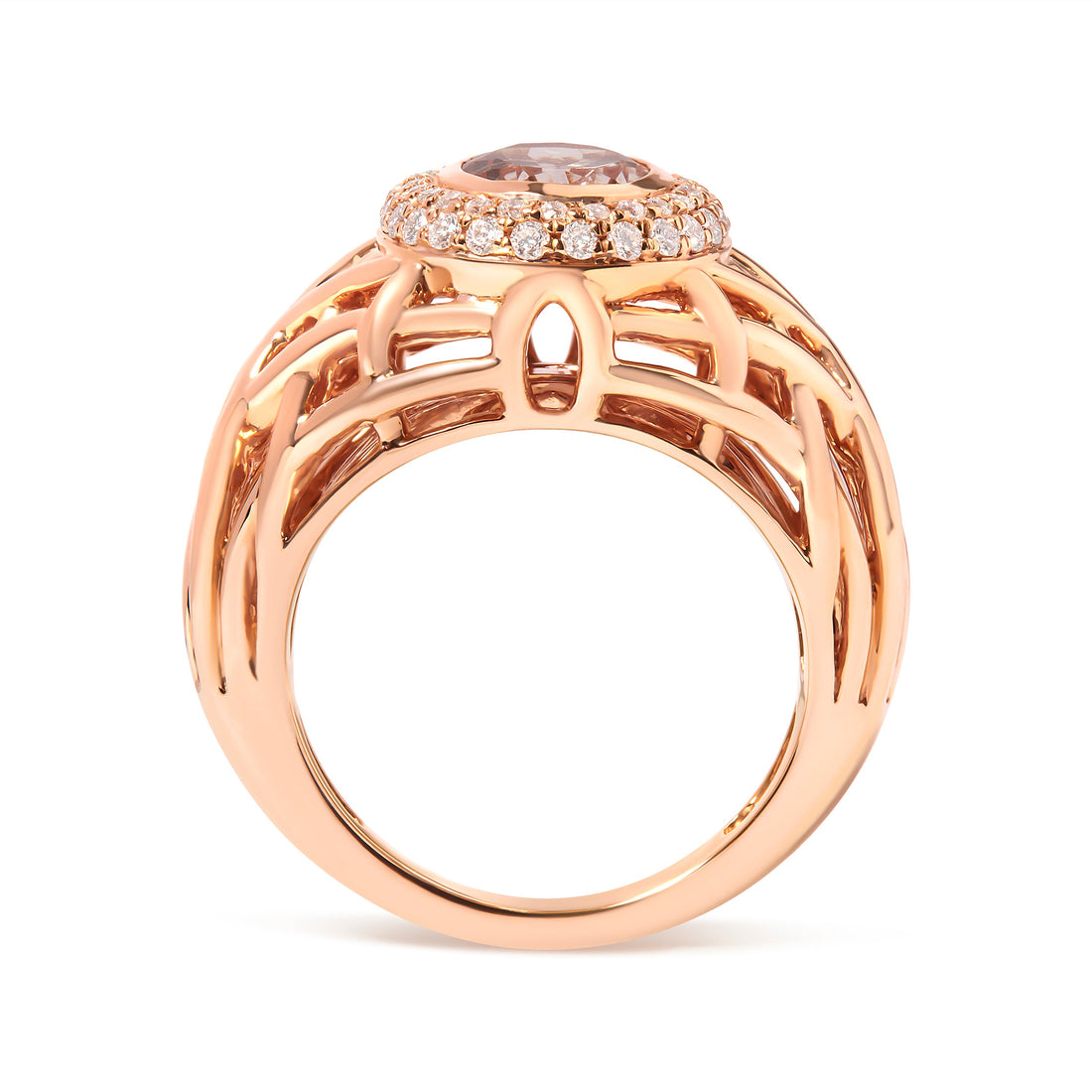 14K Rose Gold Oval Cut Light Pink Morganite and 3/8 Cttw Diamonds Halo and Basket Weave Cocktail Ring (G-H Color, SI1-SI2 Clarity) - Size 7 by Bids.com