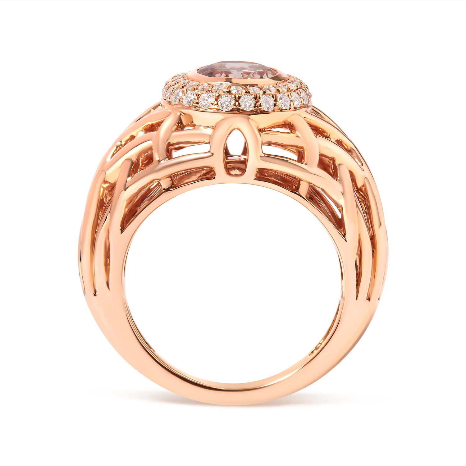 14K Rose Gold Oval Cut Light Pink Morganite and 3/8 Cttw Diamonds Halo and Basket Weave Cocktail Ring (G-H Color, SI1-SI2 Clarity) - Size 7 