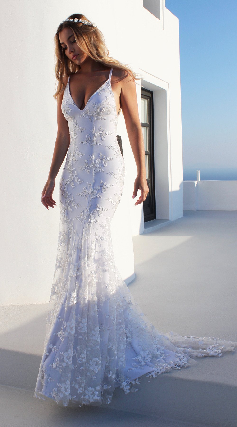 Women Sexy V neck White Cami Maxi Dress by Ragazza