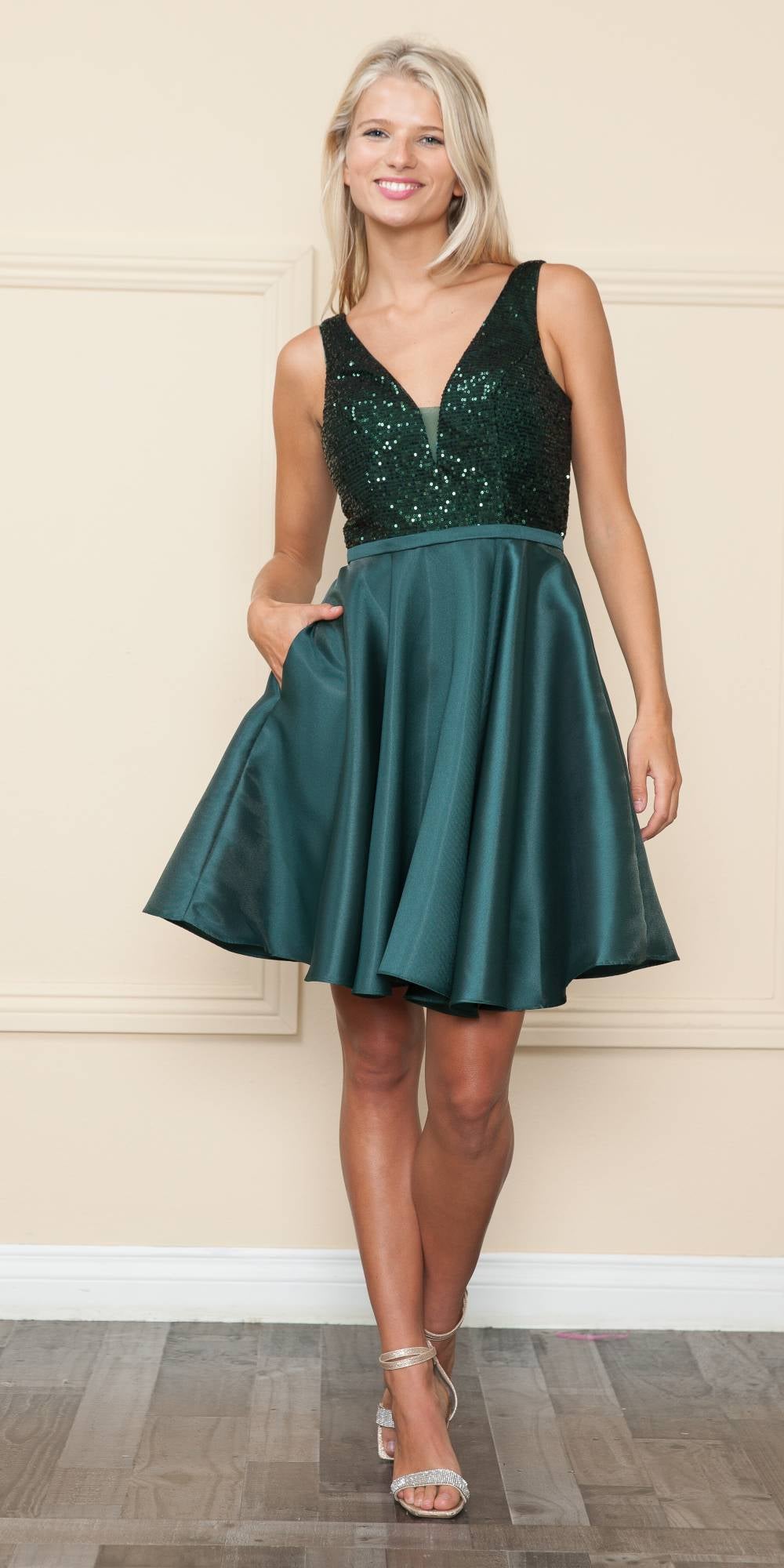 CLEARANCE - Poly USA | Ed Young 8954 Short A-Line Sequin Bodice Dress with Pockets (Size M) by DiscountDressShop