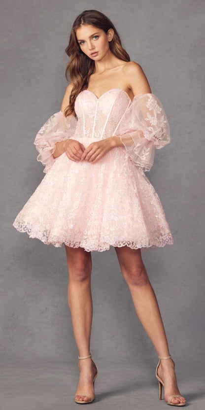 Juliet 895 Short A-Line Glitter Boned Dress Detachable Puff Sleeves by DiscountDressShop