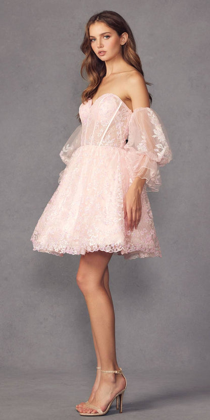 Juliet 895 Short A-Line Glitter Boned Dress Detachable Puff Sleeves by DiscountDressShop
